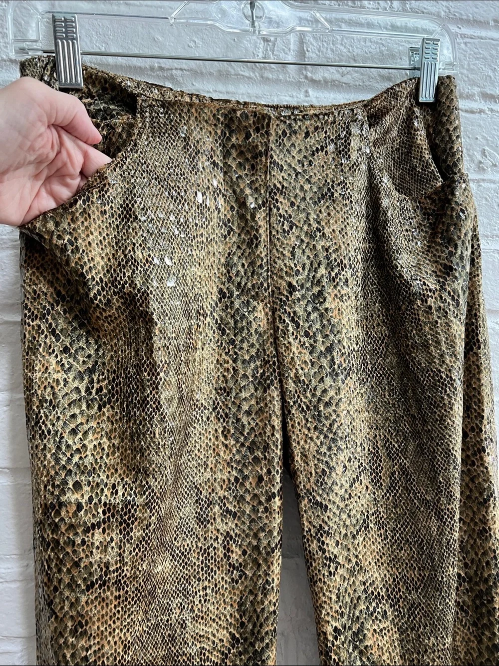 VINTAGE Y2K Tan Metallic Gold Shimmering Snake Scales Low Rise Bootcut Pants 6 - Picture 6 of 11